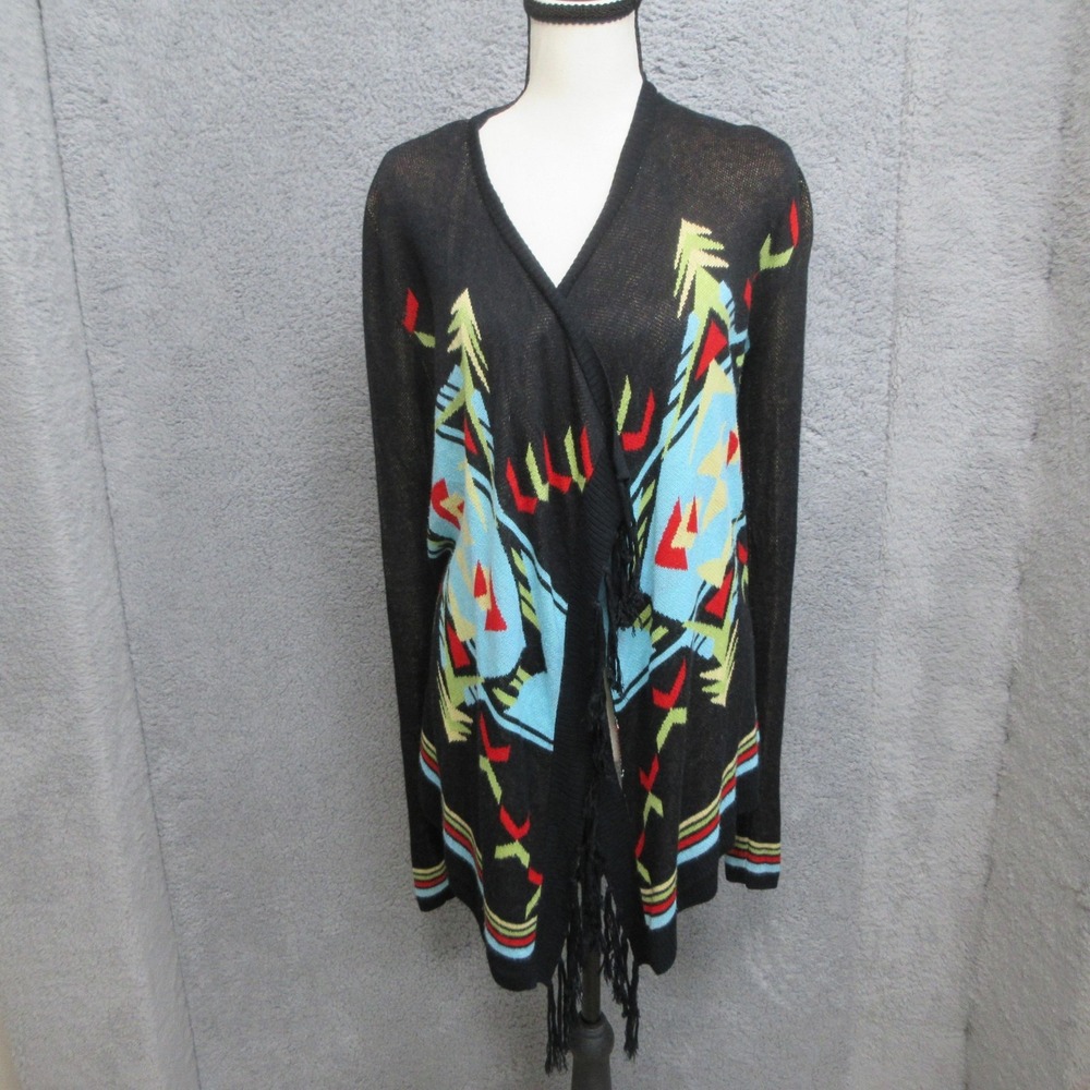 Rancho Estancia Cardigan Sweater Womens S Black Fringe Southwestern Aztec Duster